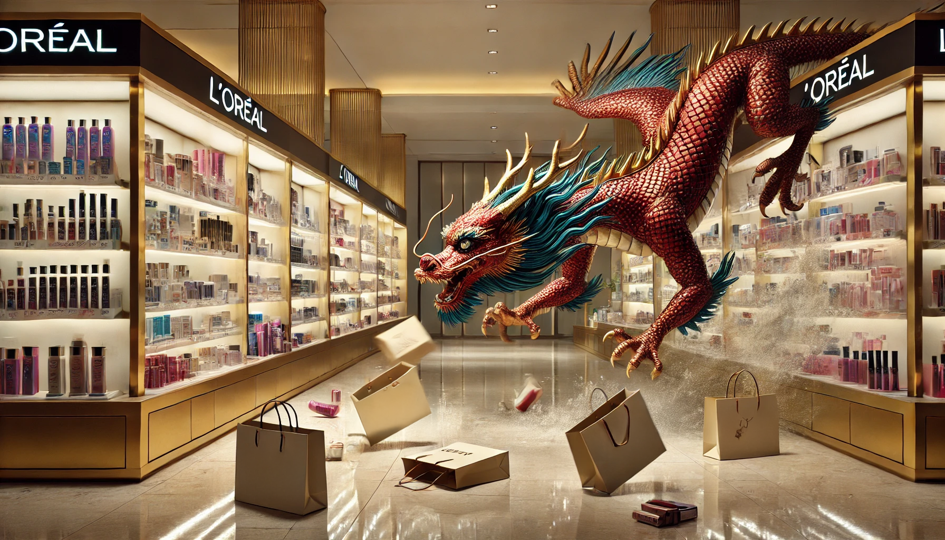 KI Bild in dem ein Löwe durch eine L'Oréal Boutique fliegt. Auf dem Boden sind Einkaufstaschen.