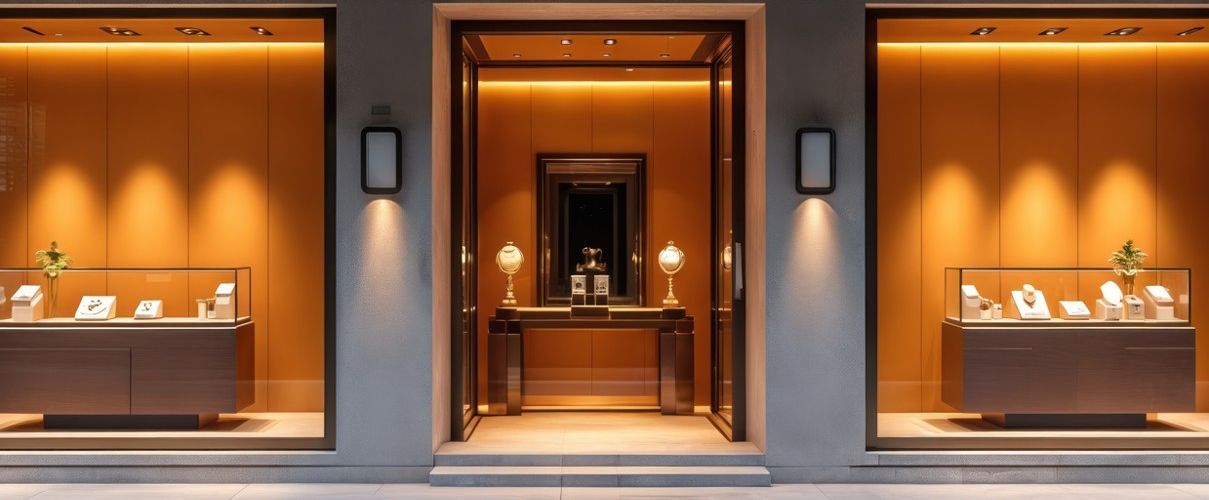 Blick auf eine Luxusboutiquen-Fensterfront von der Straße aus.