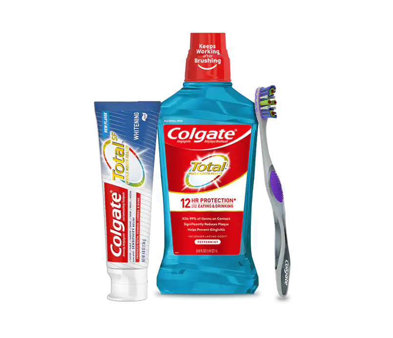 Produkte von Colgate-Palmolive: Zahnbürste, Zahnpasta und Mundspülung