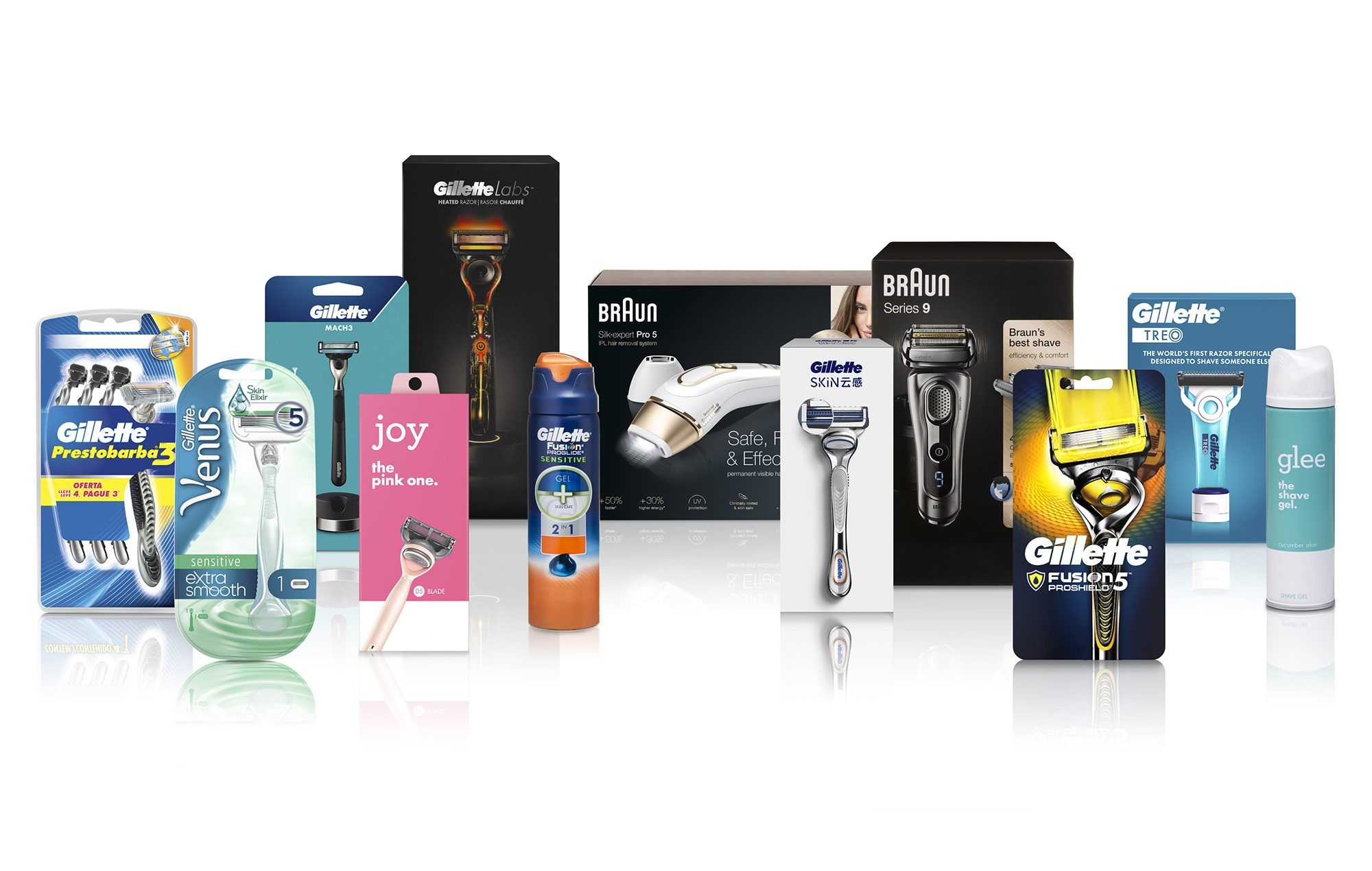 Auf dem Bild sind Procter & Gamble Produkte zu sehen. Vor allem Rasierer von Gillette und Braun, sowohl Hand- als Elektrorasierer.