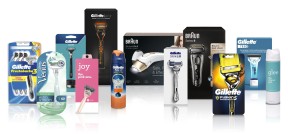 Auf dem Bild sind Procter & Gamble Produkte zu sehen. Vor allem Rasierer von Gillette und Braun, sowohl Hand- als Elektrorasierer.