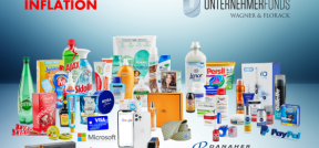 Das Bild zeigt die Produkte Firmen des Unternehmerfonds. Darüber steht in rot und Druckbuchstaben Inflation