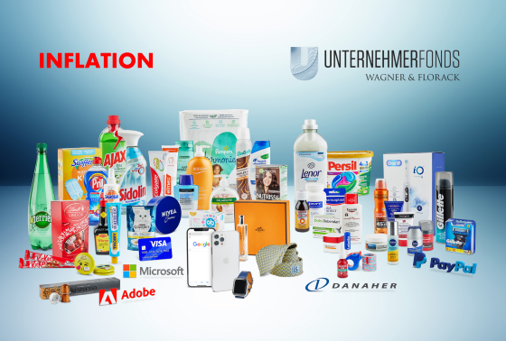 Das Bild zeigt die Produkte Firmen des Unternehmerfonds. Darüber steht in rot und Druckbuchstaben Inflation