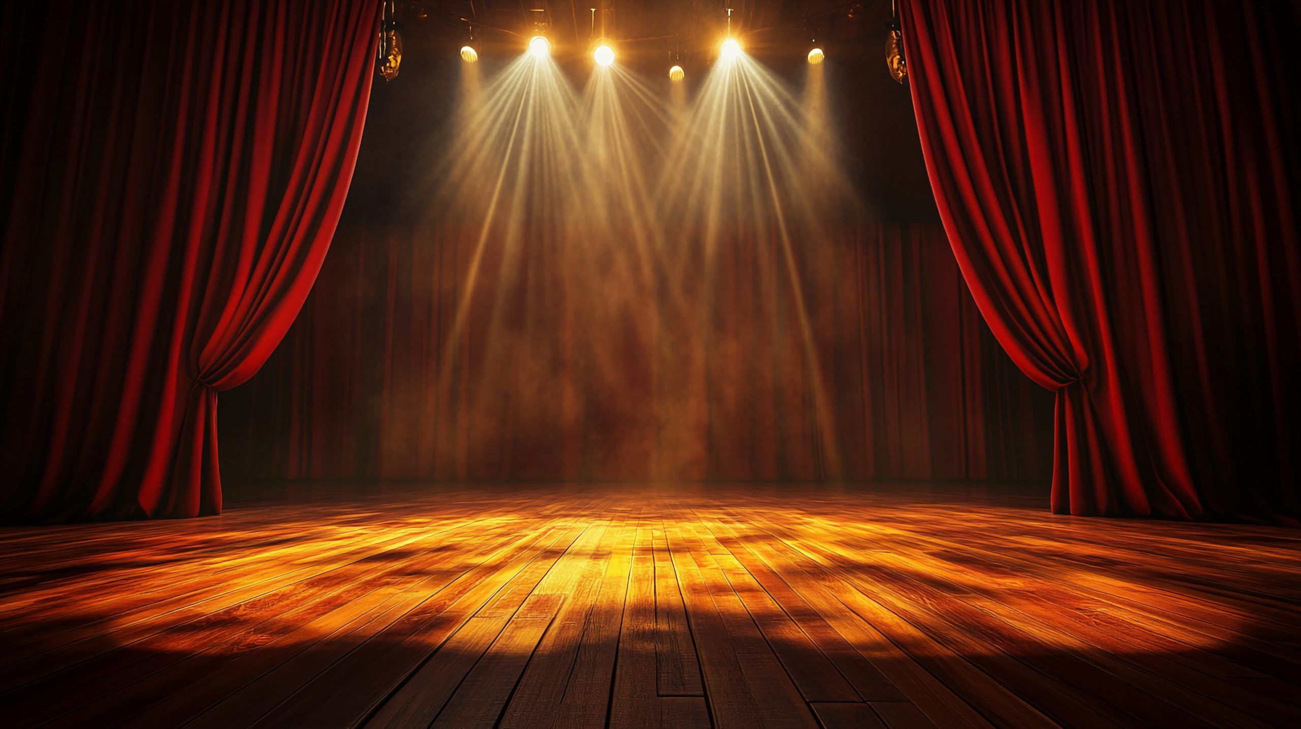 Das Bild zeigt eine leere Bühne wie im Theater mit roten Vorhängen an den Seiten und Scheinwerfern oben.