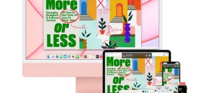 Auf dem Bild sind jeweils voreinander stehend ein IMac, ein IPad, ein IPhone, eine Apple Watch und AirPods zu sehen.