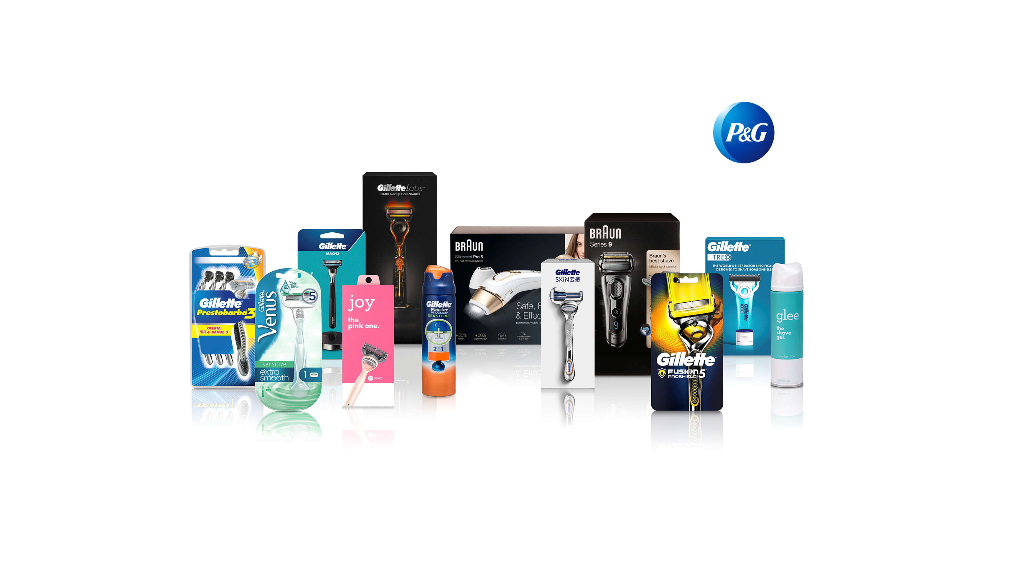 Auf dem Bild sind Procter & Gamble Produkte zu sehen. Vor allem Rasierer von Gillette und Braun, sowohl Hand- als Elektrorasierer.