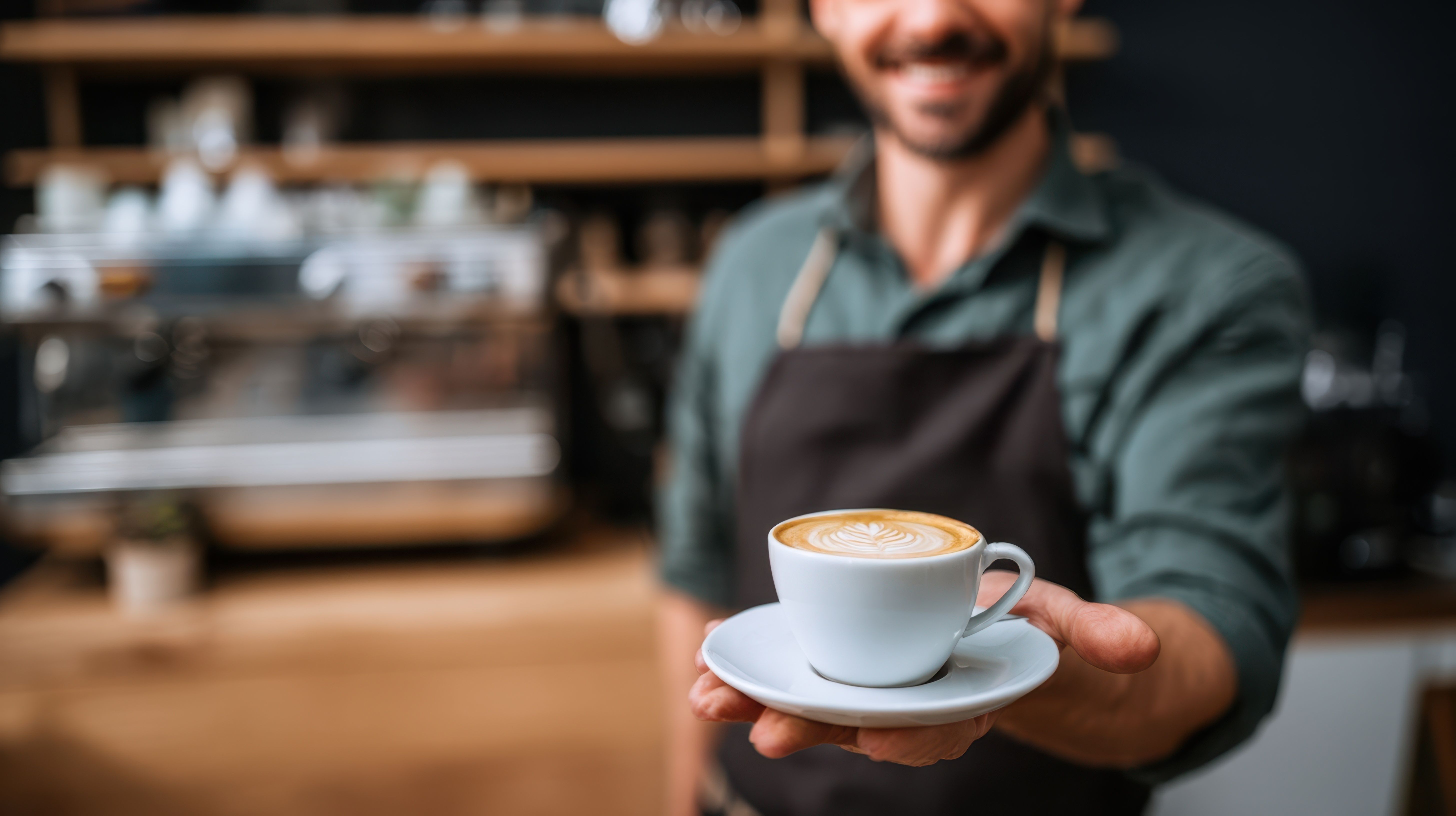 Ein Barista hält eine Kaffeetasse in Richtung des Bildbetrachters