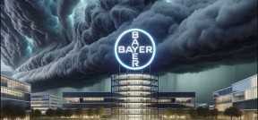 KI Bild von der BAyer-Zentrale über der ein Sturm tobt.