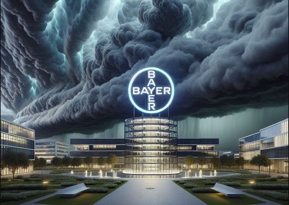 KI Bild von der BAyer-Zentrale über der ein Sturm tobt.