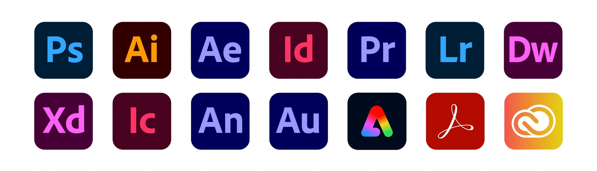 Das Bild zeigt die App Icons von 14 Adobe Apps.