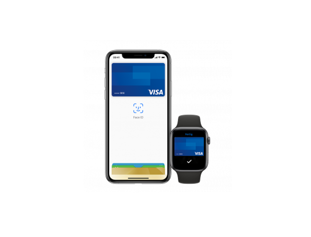 Auf dem Bild sind ein IPhone und eine Apple Watch zu sehen. Auf beiden ist die mobile Bezahlmöglichkeit über Visa zu sehen.