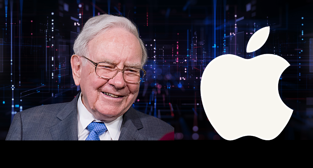 Das Bild zeigt Warren Buffett vor einem dynamischen HIntergrund. Neben ihm das Apple Logo.