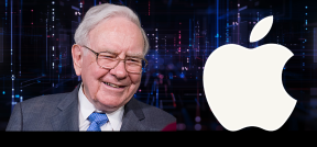 Das Bild zeigt Warren Buffett vor einem dynamischen HIntergrund. Neben ihm das Apple Logo.