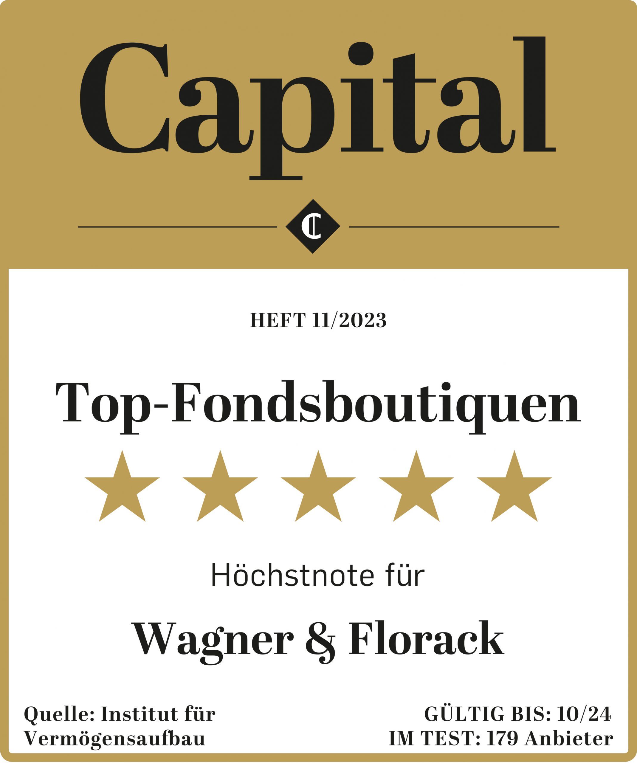 Hier ist die Auszeichnung des Capital Instituts für Vermögensaufbau für den Unternehmerfonds Wagner & Florack zu sehen.