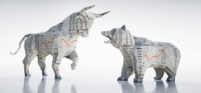 Das Bild zeigt einen Bären und einen Bullen, die sich zum Kampf bereitmachen, auf denen jeweils Aktienkurse abgebildet sind.