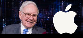 Das Bild zeigt Warren Buffett vor einem dynamischen HIntergrund. Neben ihm das Apple Logo.