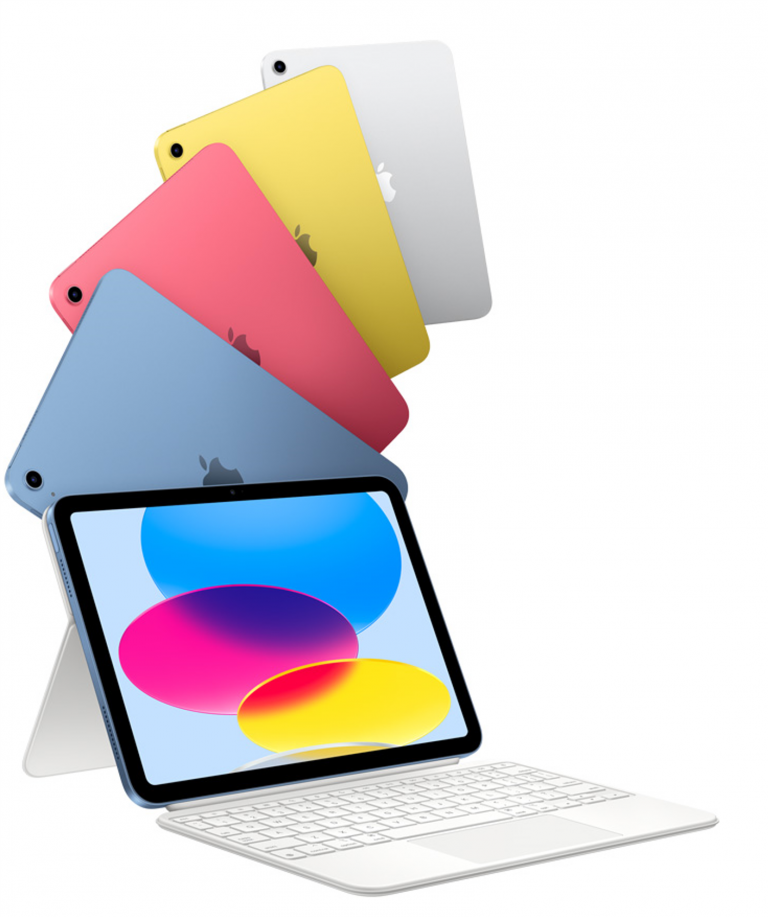 Das Bild zeigt IPads in verschiedenen Farben und eines mit Tastatur-Zubehör, vor weißem Hintergrund.