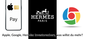 Auf dem Bild sind die Logos von Apple, Hermès und Google zu sehen.