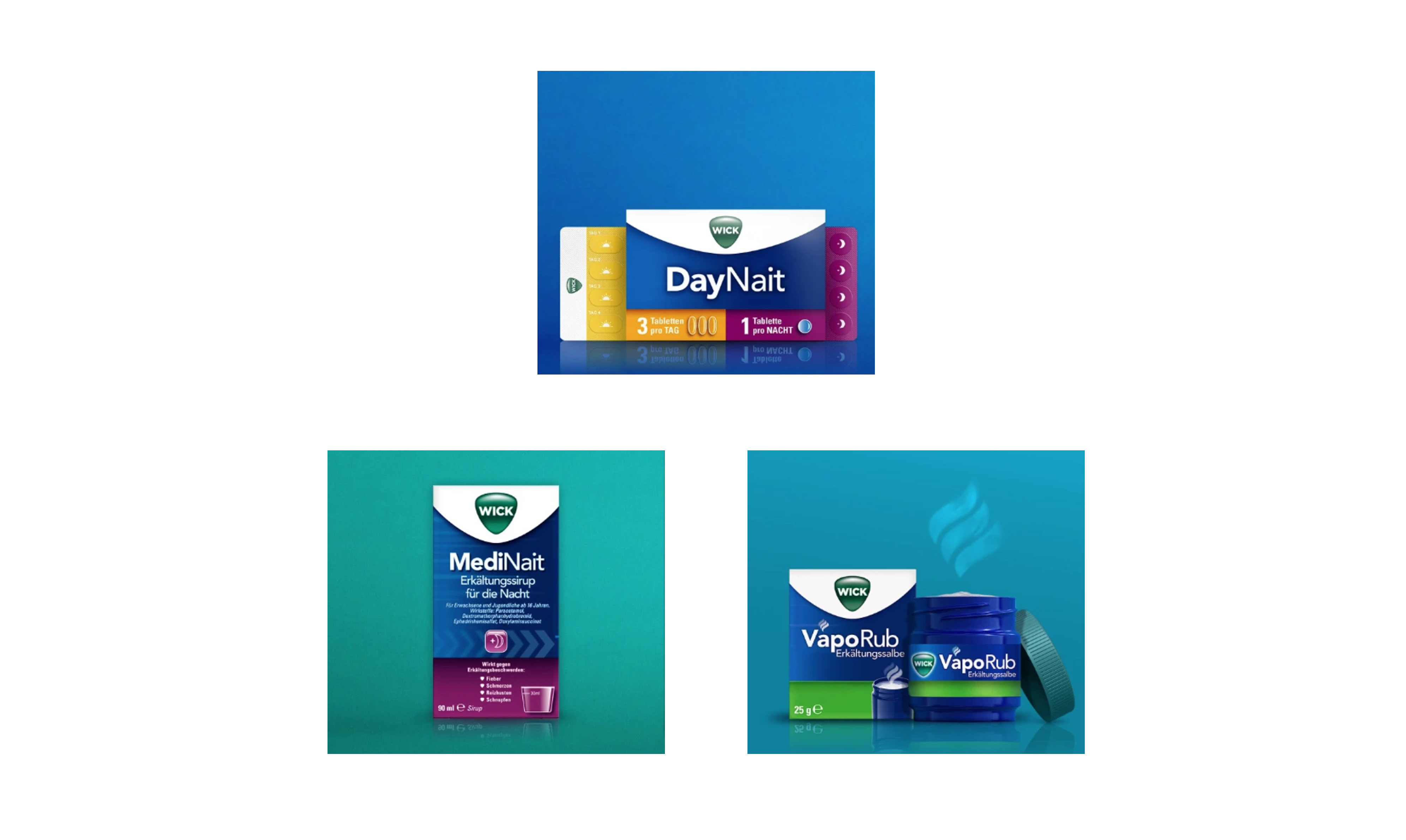 Auf dem Bild sind verschiedene WICK Produkte zu sehen.