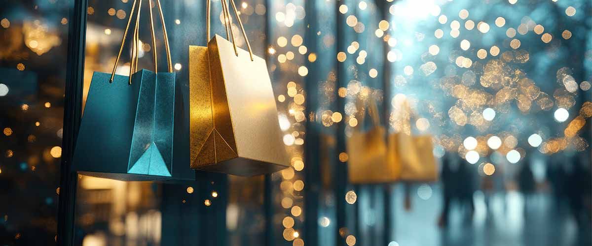 Das KI-generierte Bild zeigt zwei blau- und gold-metallic glänzende Shopping Bags, vor einem unscharfen Hintergrund, der mit glitzernden Lichteffekten erhellt wird.