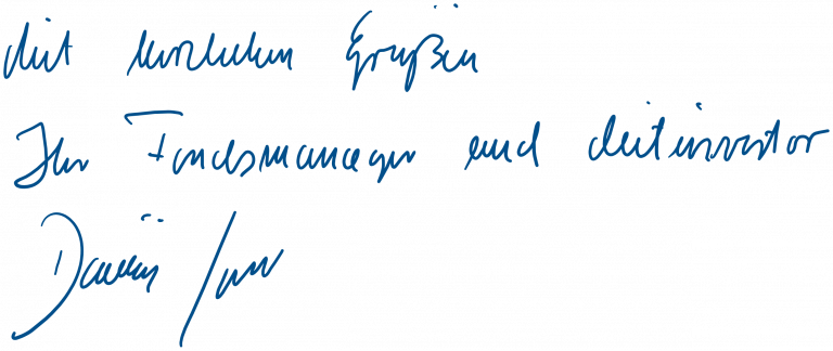 Auf dem Bild ist die Unterschrift von Fondsmanager Dominikus Wagner zu sehen.