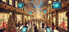 KI Bild von weihachtlich geschmückter Einkaufstraße mit Fokus auf Kreditkartenbezahlung.