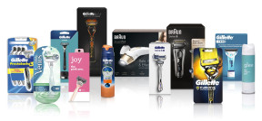 Auf dem Bild sind Procter & Gamble Produkte zu sehen. Vor allem Rasierer von Gillette und Braun, sowohl Hand- als Elektrorasierer.