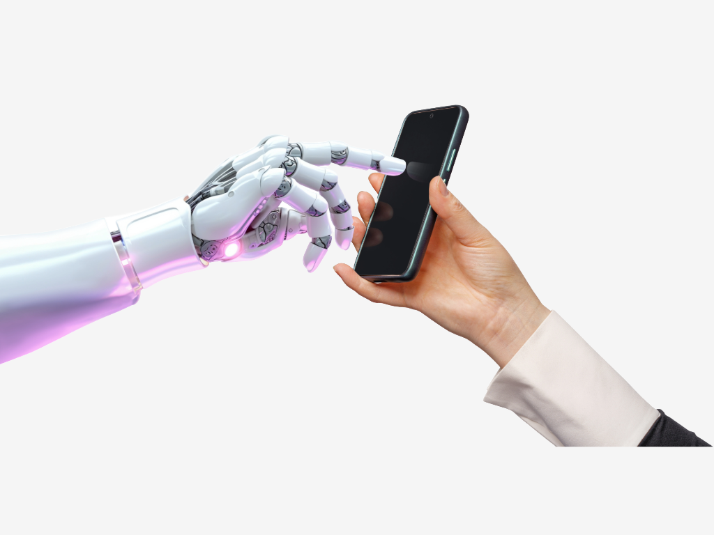 KI Bild auf dem eine Menschenhand einer Roboterhand das Handy zum Benutzen hin hält.