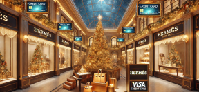 KI Bild von weihnachtlich geschmückter Mall mit Hermès Läden und Visa Werbung.