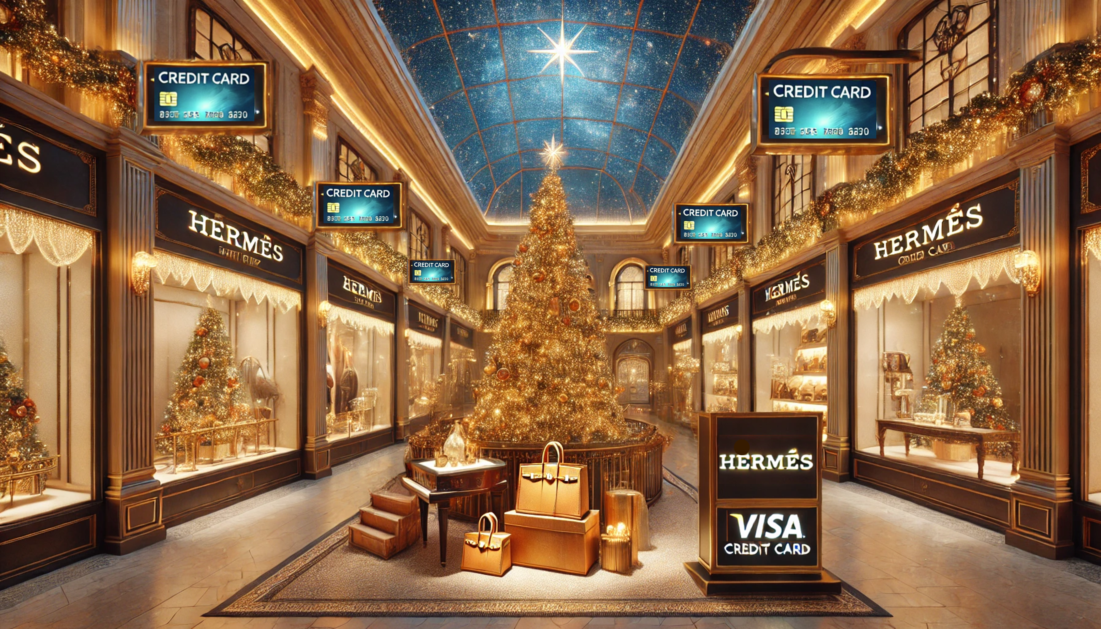 KI Bild von weihnachtlich geschmückter Mall mit Hermès Läden und Visa Werbung.