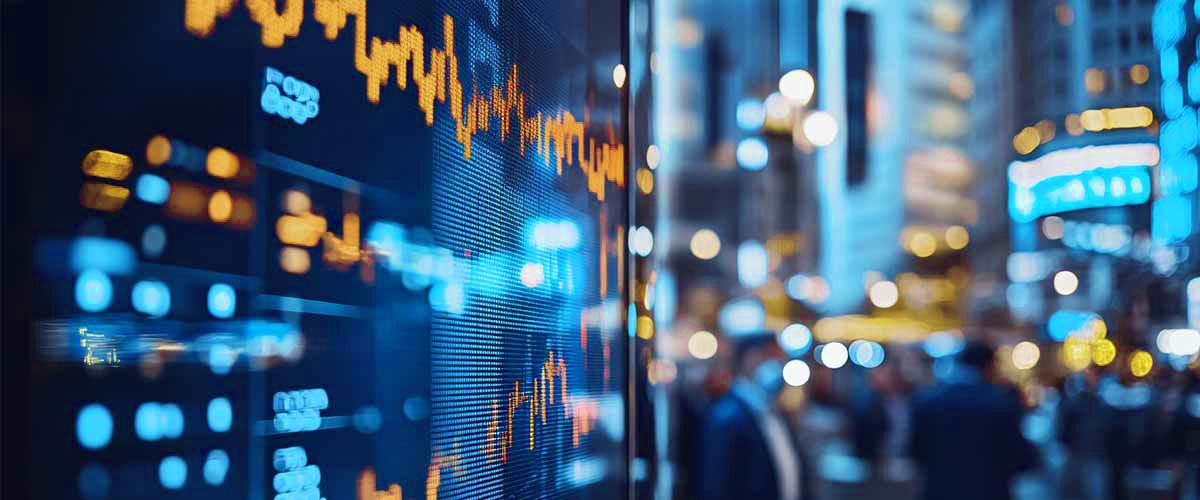 Ein KI-generiertes Bild zeigt im Vordergrund eine anonymisierte Kursentwicklung auf einer digitalen Kurstafel, im Hintergrund ist in bläuliches Licht getaucht unscharf ein Blick in einen Börsensaal zu sehen.