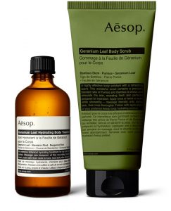 Auf dem Bild sind zwei Aesop Produkte (ein Duschgel und ein Körperpeeling) zu sehen.