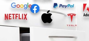 Auf dem Bild sind die Logos verschiedener Techmarken zu sehen; zum Beispiel: Apple, Google, Netflix und mehr.